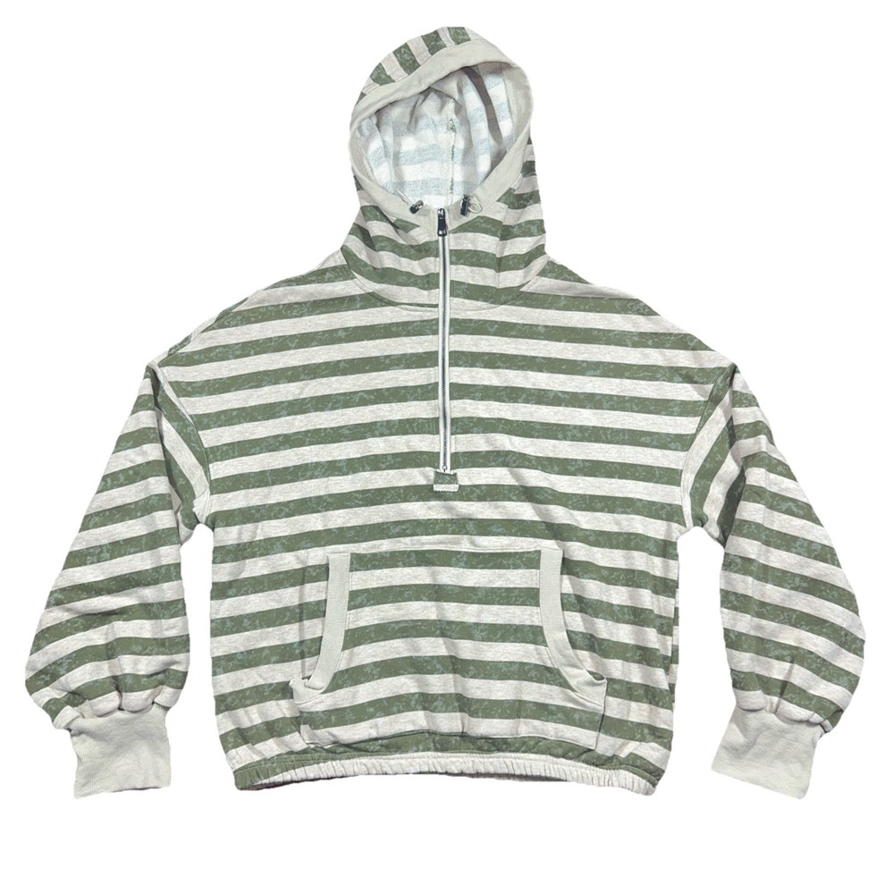 Veveret Women's Half Zip Green/cream Striped Pullover Hoodie Large